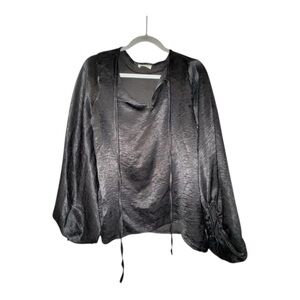Beeson River Black Satin Blouse with Tie Neck with Bubble Sleeves. GUC. Worn 2x.